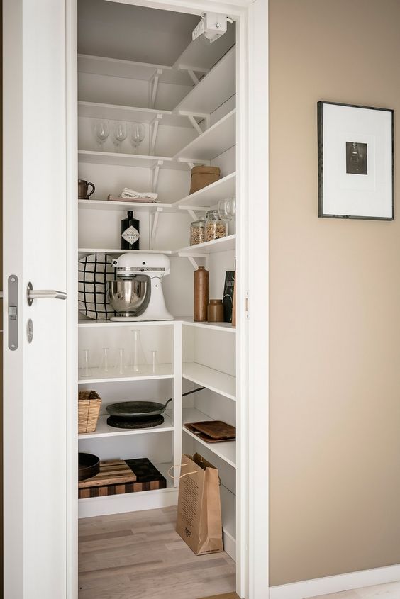 a small pantry with open shelves, appliances and other stuff and a small white door to hide it all