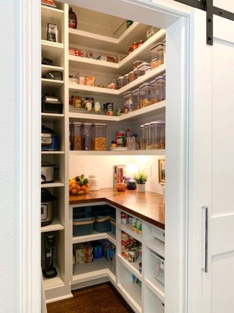 a small white pantry with open shelving and built in cabinets, with lights and plants is a cool space for storage