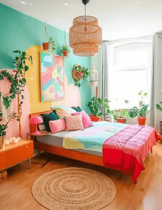 a colorful eclectic bedroom with an emerald accent wall, a red bed with colorful bedding, a bright artwork, potted plants, an orange credenza