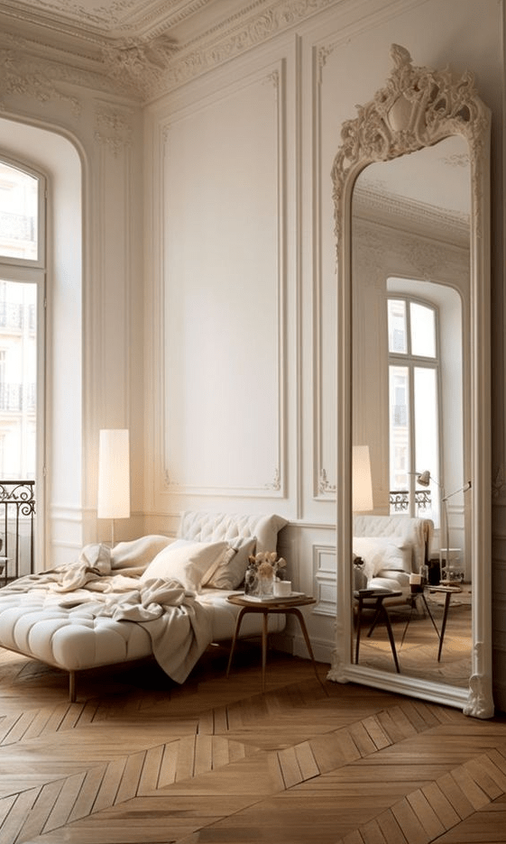 A fab Parisian nook with a double height ceiling and windows, a tall mirror, a creamy daybed, chaevron floors and a lamp