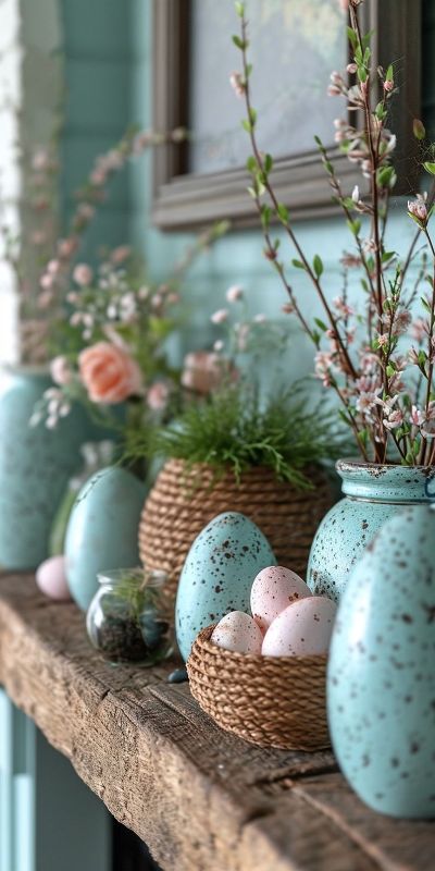 a fresh rustic Easter mantel with turquoise speckle vases with faux blooming branches, rope baskets with eggs