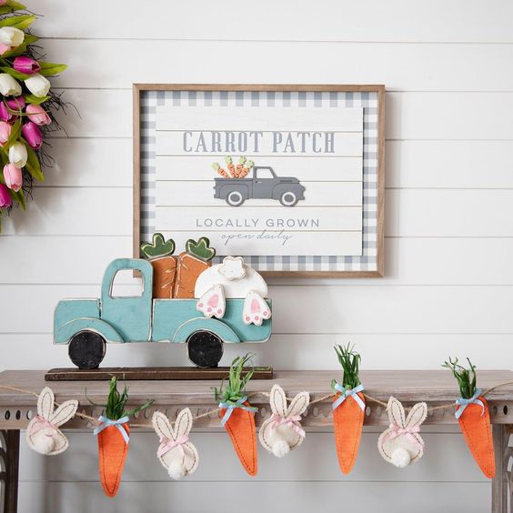 a fun Easter sign with checked backing and a lorry with carrots can be easily DIYed for spring and Easter