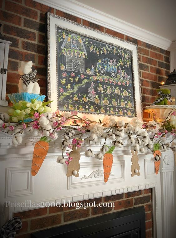 a fun colorful sign is a chalkboard with chalked iamges, bunnies, carrots and a barn is a fun and cool idea