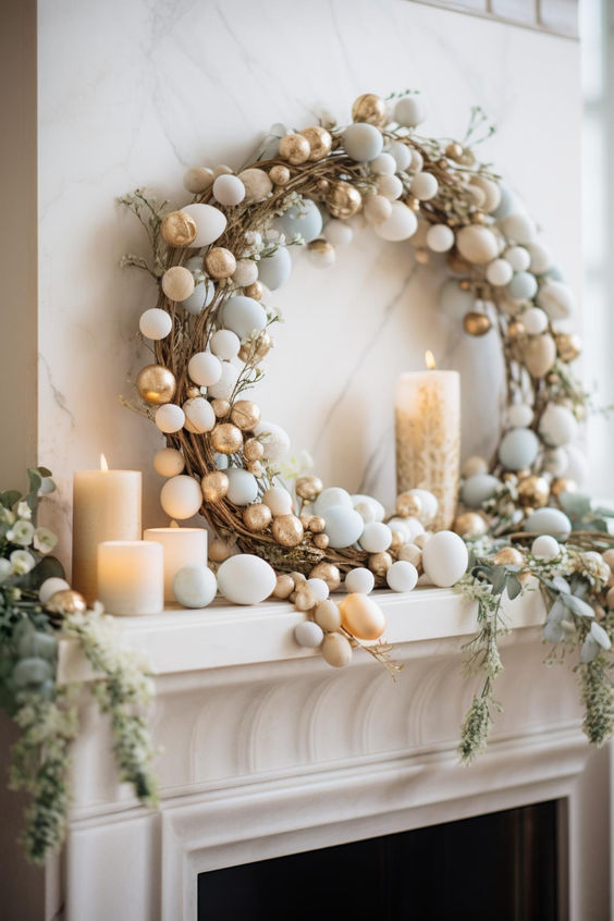 A gorgeous neutral Easter mantel with candles, an egg wreath, some faux greenery and blooms is just jaw dropping