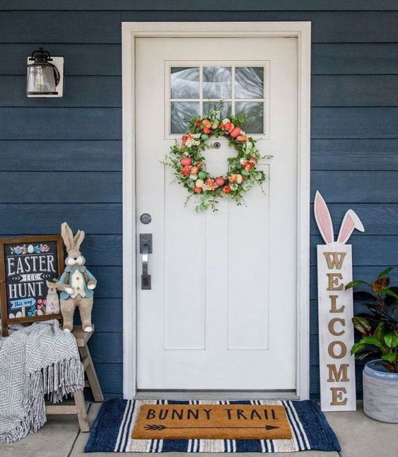 a lovely welcome sign with bunny ears attached is a cool idea for spring, it will make your space cuter