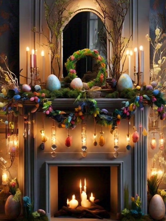 a moody and refined Easter mantel with moss, small and large eggs, a garland of greenery and eggs and lights hanging down