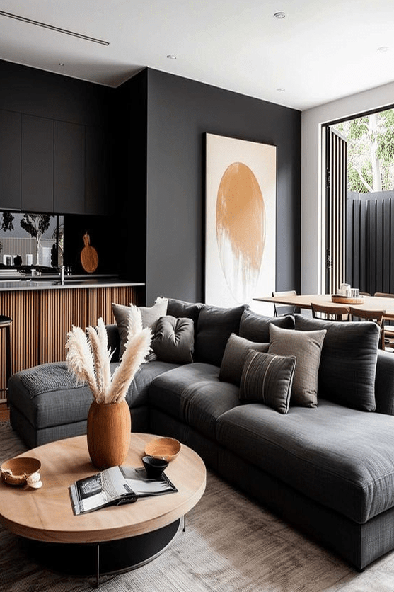 a moody modern livng room with soot walls, a graphite grey sofa with lots of pillows, a coffee table and a dining space by the glazed wall