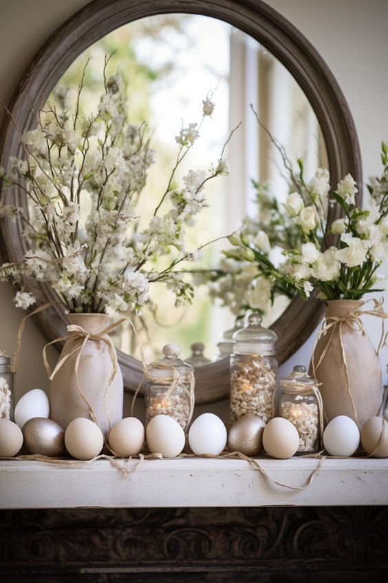 a neutral Easter mantel with eggs, jars with lights, faux and fresh blooms in vases is a beautiful and organic decor idea