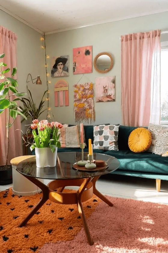 a pretty dopamine-infused living room with light green walls, a dark green sofa, printed pillows, a bold gallery wall, a pink and orange rug