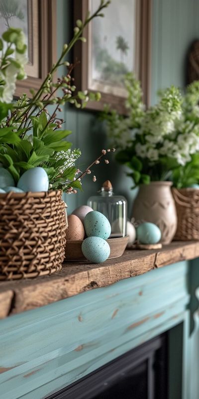 a rustic Easter mantel with greenery and fresh blooms, pastel speckled eggs is perfect for a rustic space