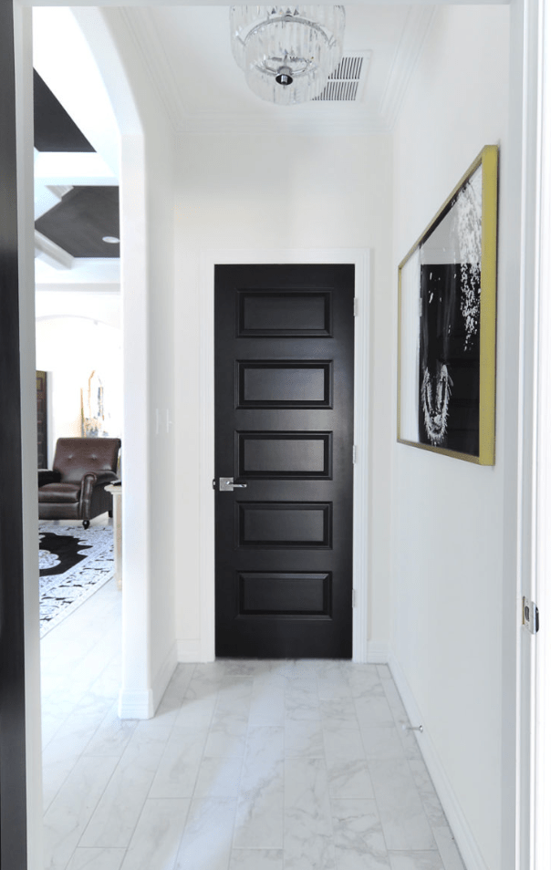 a simple builder grade door can become a real stylish piece if you just paint it matte black like here
