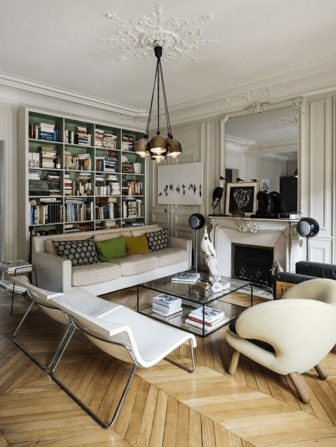 a French-inspired living room with a fireplace
