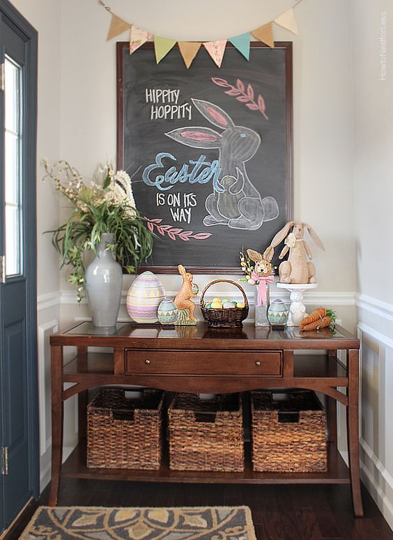 an oversized chalkboard with a chalked bunny and letters are a cool decor combo for spring and Easter