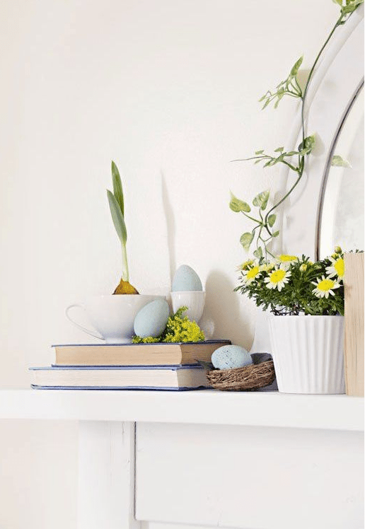 simple spring and Easter styling with potted blooms, blue eggs in a nest and a bulb in a tea cup