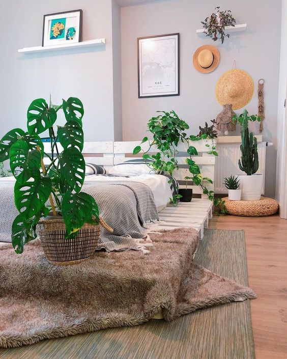a boho bedroom with grey walls, a white pallet bed with neutral bedding, potted plants and cactus, hats on the wall and boho decor