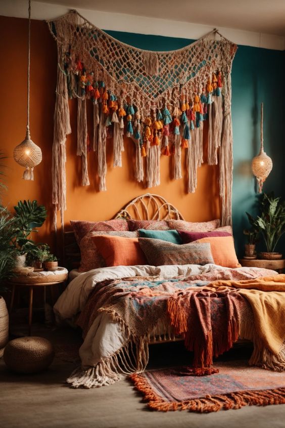 a colorful bedroom with a gorgeous macrame with orange and teal tassels that is used instead of a bed canopy