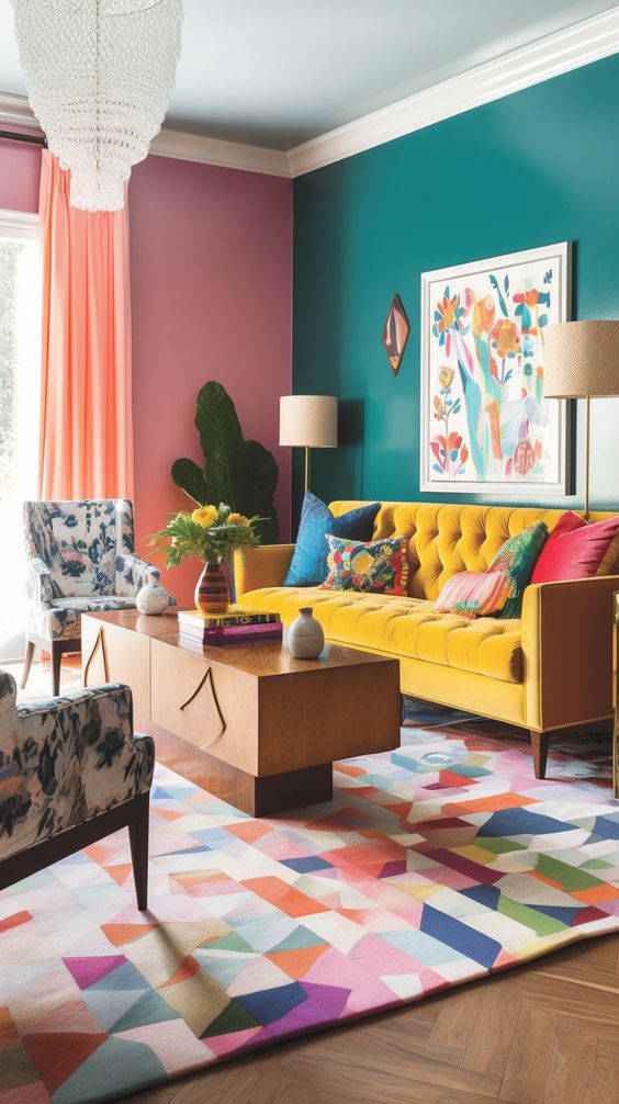 a colorful living room with green and pink walls, a yellow sofa with pillows, a colorful geo rug and some lamps and chairs