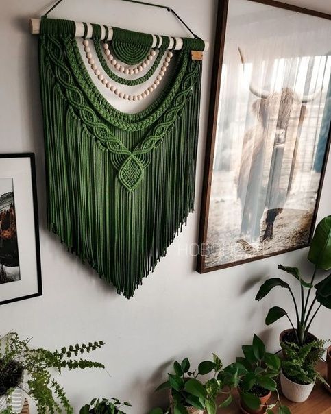 a jaw-dropping green macrame with long fringe and beads is a cool idea if you want some color