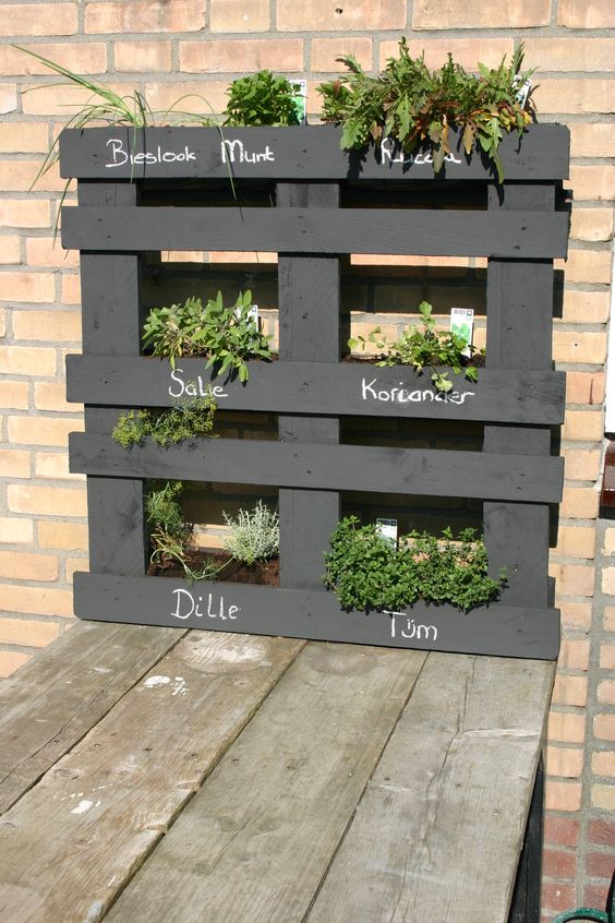 a matte black pallet herb garden will fit any outdoor space, even the smallest one, and can be placed even in a blacony