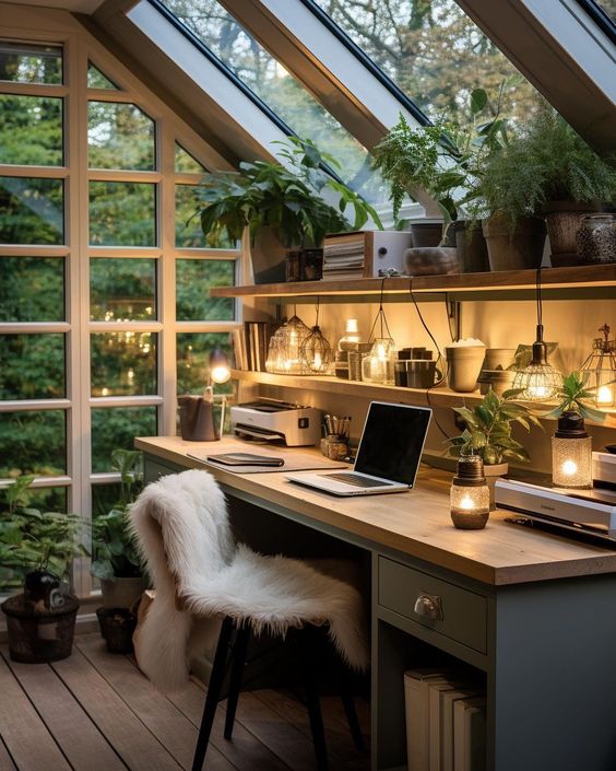 A modern glasshouse home office with a built in desk with potted plants and pendant lamps, a chair and glass walls and a ceiling