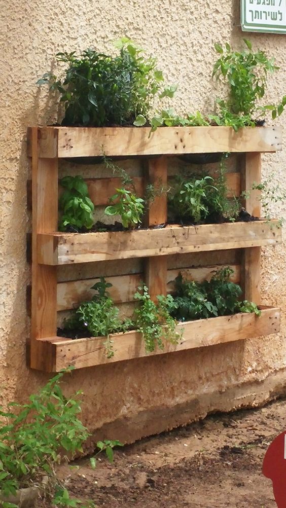 a pallet garden with greenery planted inside is attached to the wall to save some space and to refresh it at the same time