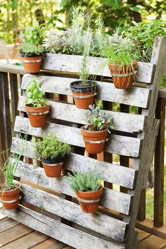 a pallet vertical garden with planters attached to it and with some greenery and herbs is a cool decoration for many outdoor spaces