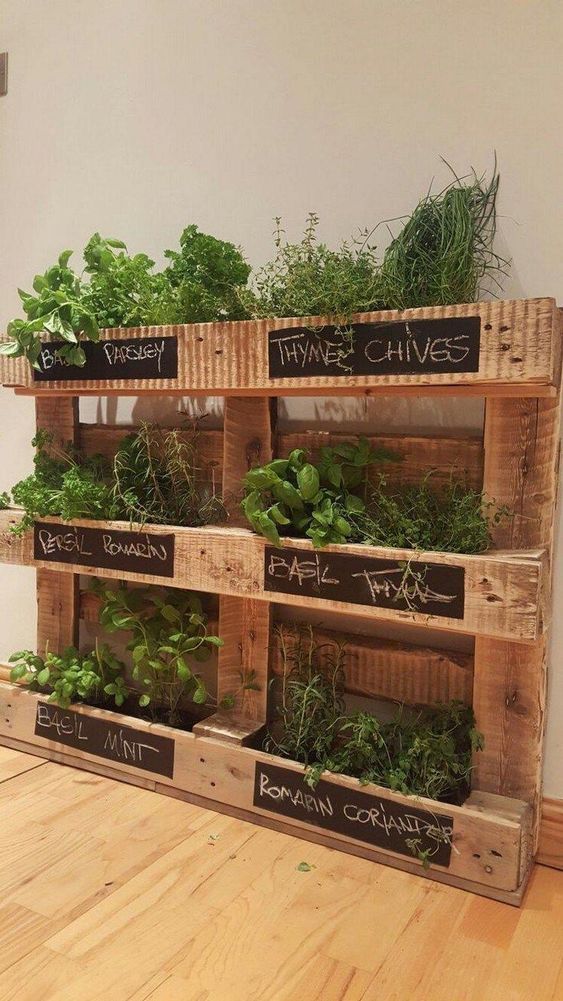 a reclaimed pallet garden with various herbs planted and chalkboard stickers is a cool solution for a rustic space, both indoor and outdoor