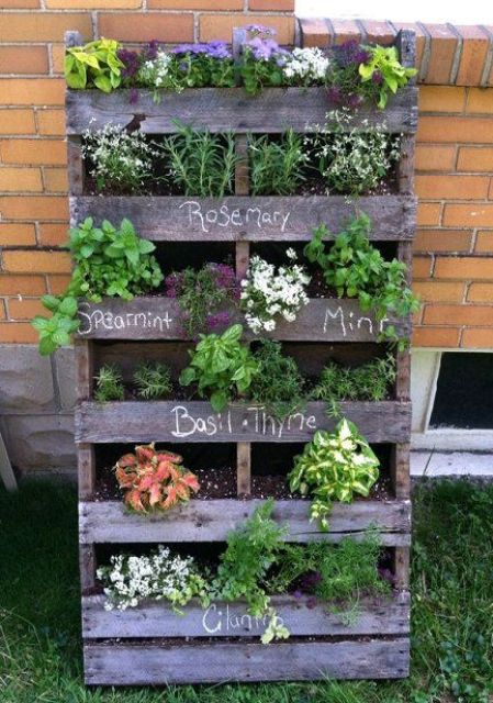 a reclaimed pallet planter with various types of herbs chalked down not to forget is a cool rustic decoration