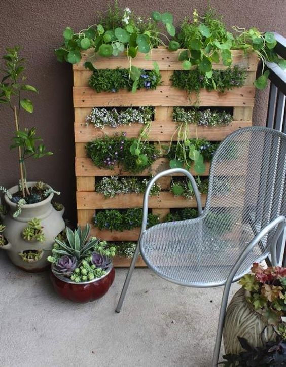 a simple pallet herbs and flower garden is a lovely solution for a small balcony, it’s vertical and it doesn’t take any floor space
