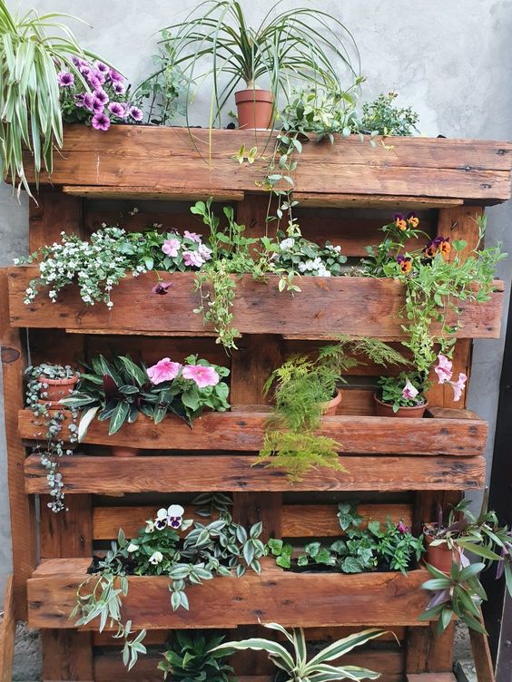 a stained pallet garden with planters and lots of greenery and blooms is like a plant stand that is suitable for a rustic space