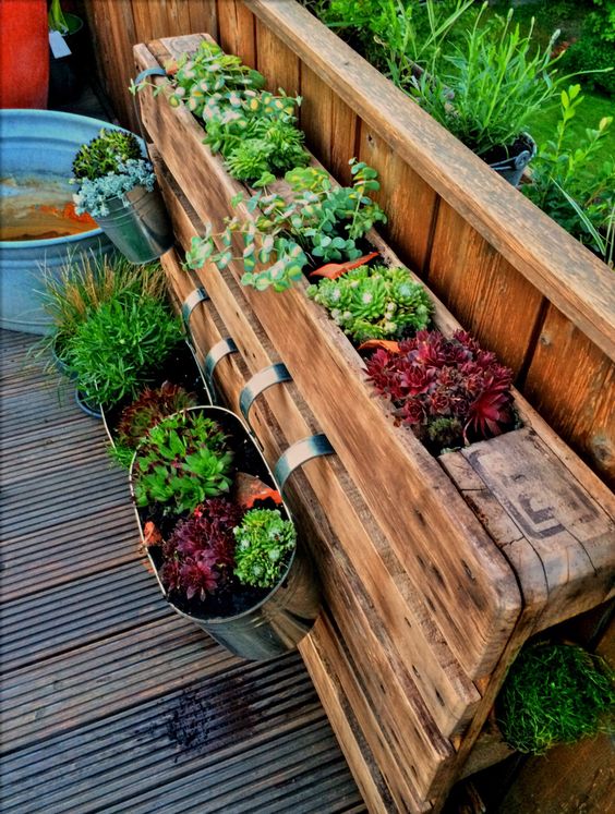 a stained pallet with garden on top, with some plants planted and metal planters hanging on it is a cool idea for a balcony