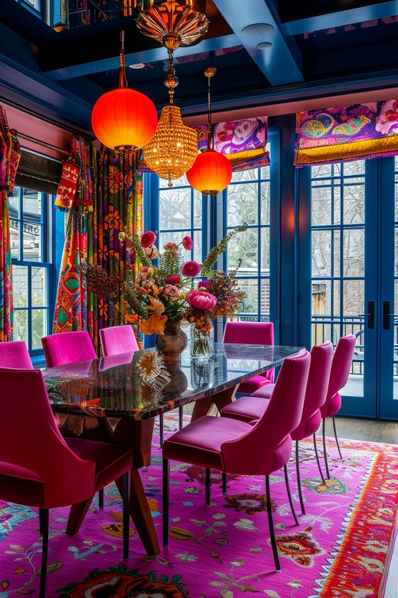 a super bold dining room with navy walls and a ceiling, a table and hot pink chairs, a colorful rug, curtains and bold pendant lamps