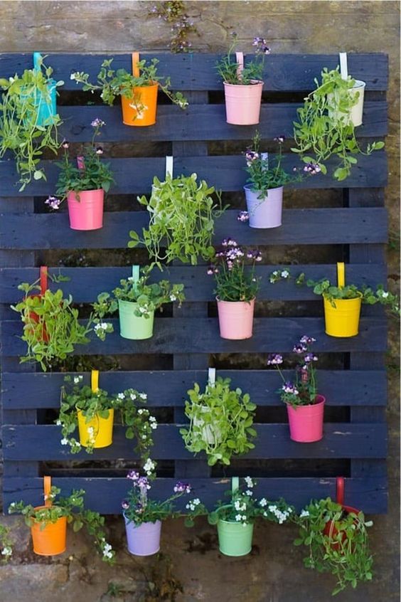 a wall navy pallet garden with colorful tin planters attached, with blooms and greenery is a cool decoration for a bold and fun space