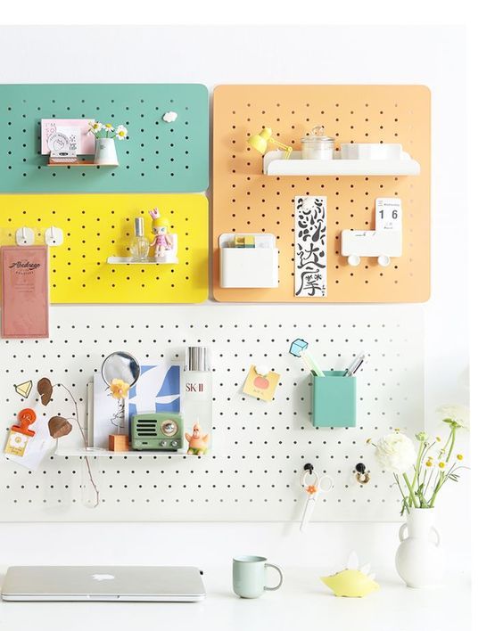 color block pegobards with shelves and hooks are great to make your space cooler, they will bring color and provide storage space