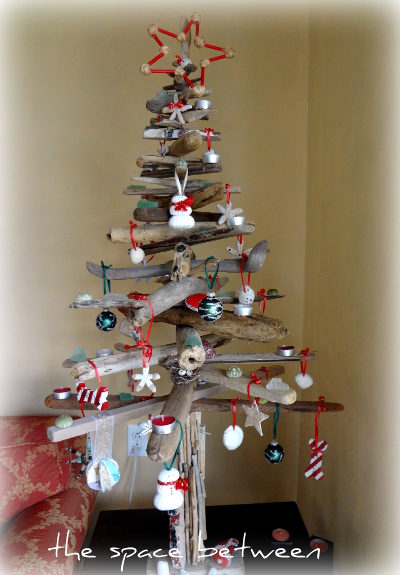 driftwood Christmas tree with decorations