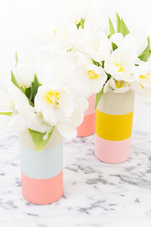 Cheerful DIY Color Blocked Wood Vases