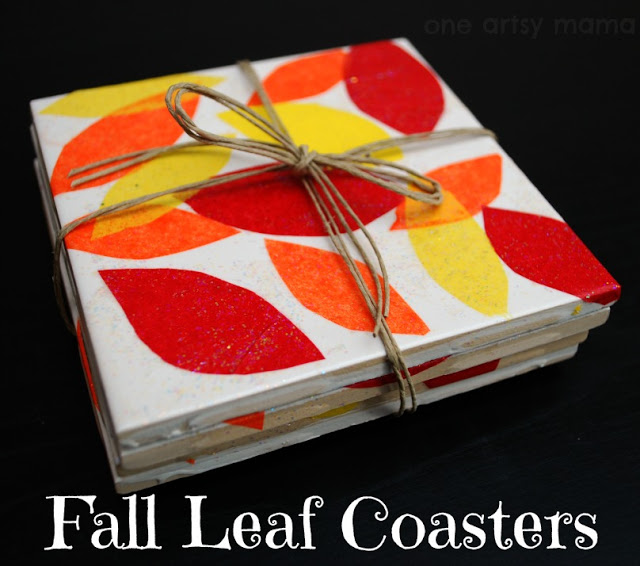 colorful leaf tile coasters (via oneartsymama)