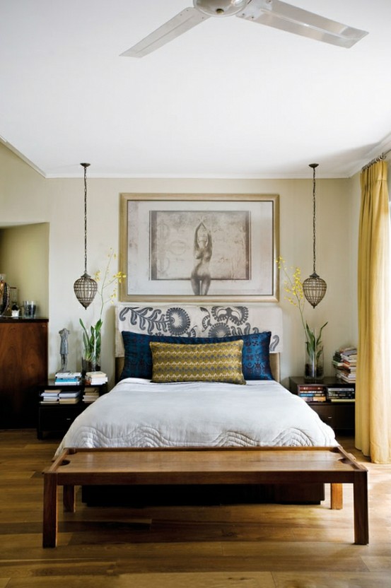 cool hanging lamps with metallic frames make a statement and catch an eye in this cool bedroom