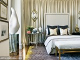large diamond-shaped gold pendant lamps make the bedroom more refined, chic and bring much light in