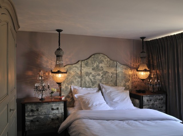 statement vintage chanderliers as hanging bedside lamps add chic and a refined touch to the bedroom