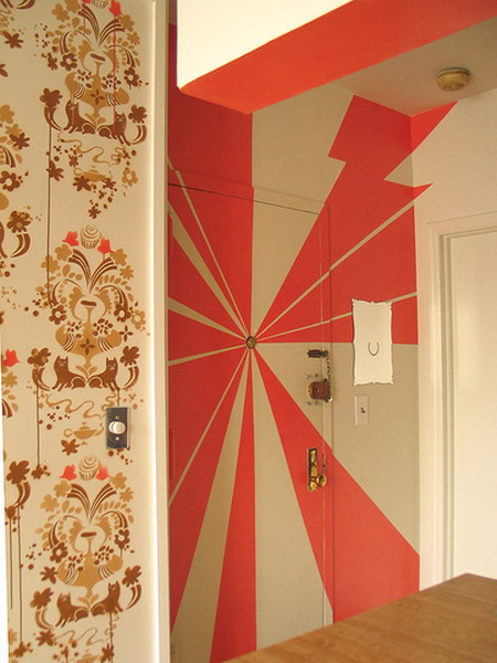 a bright red and neutral geometrically painted door is a bold idea to rock anytime