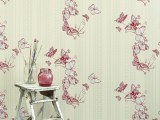 neutral wallpaper with red butterfly printing is a brighter idea to make an accent wall with wallpaper