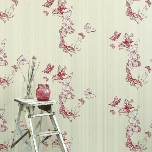 neutral wallpaper with red butterfly printing is a brighter idea to make an accent wall with wallpaper