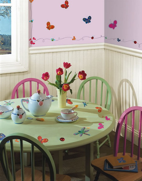 pretty flower and butterfly decals will spruce up your kids' vintage playspace making it more fairy tale
