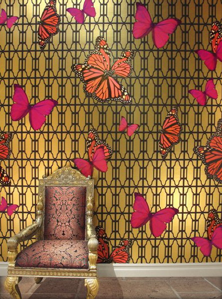 refined gold printed wallpaper and pink and red butterfly decals that make a cool and bright accent on the walls