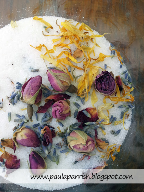 herbal bath salts with dried botanicals (via paulaparrish)