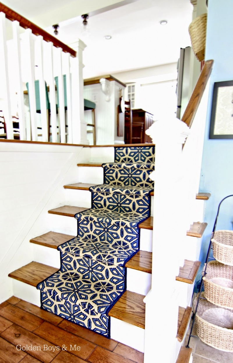gold and blue stair runner