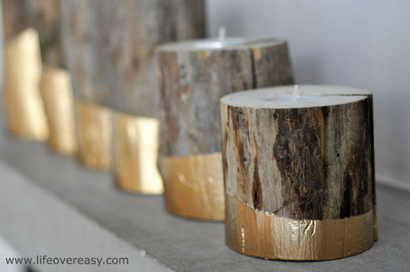 gold dipped log candleholders (via lifeovereasy)