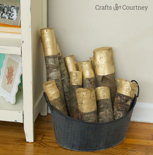DIY Gold Painted Logs For Rustic Decor