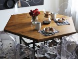 honey comb dining table with pipe legs